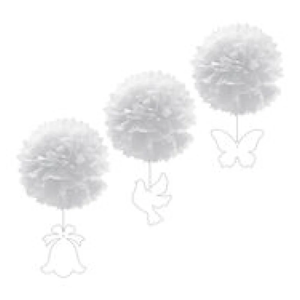 Pompons mit Figuren aus Papier schwer entflammbar weiß O30cm, 3 Stk.