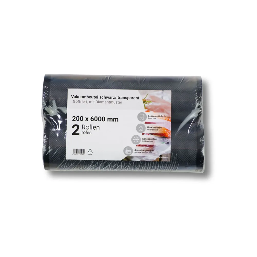 Vakuumbeutel auf der Rolle PA/PE 200 x 6000 mm goffriert schwarz/transparent 90 my, 2 Rollen – Bild 2