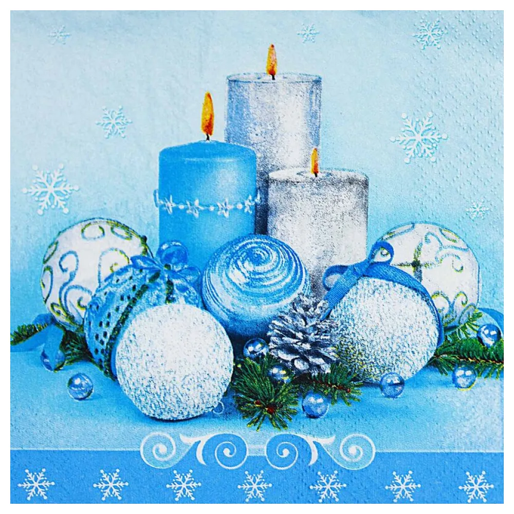 Weihnachtsservietten 3-lagig 33 x 33 cm blaue Kerzen und Kugeln, 20 Stk. – Bild 2