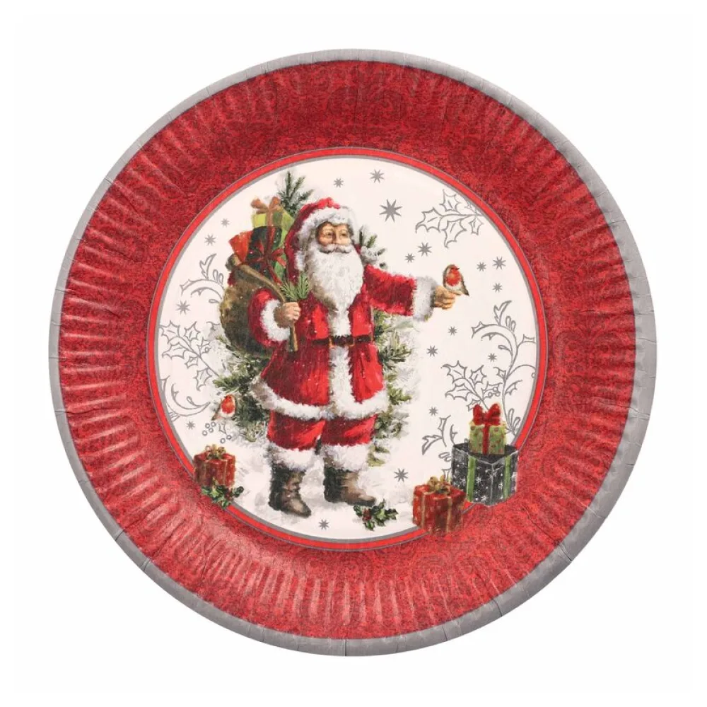 Pappteller rund O 23 cm mit Motiv "Santa & Geschenke" bordeaux/rot, 10 Stk. – Bild 2