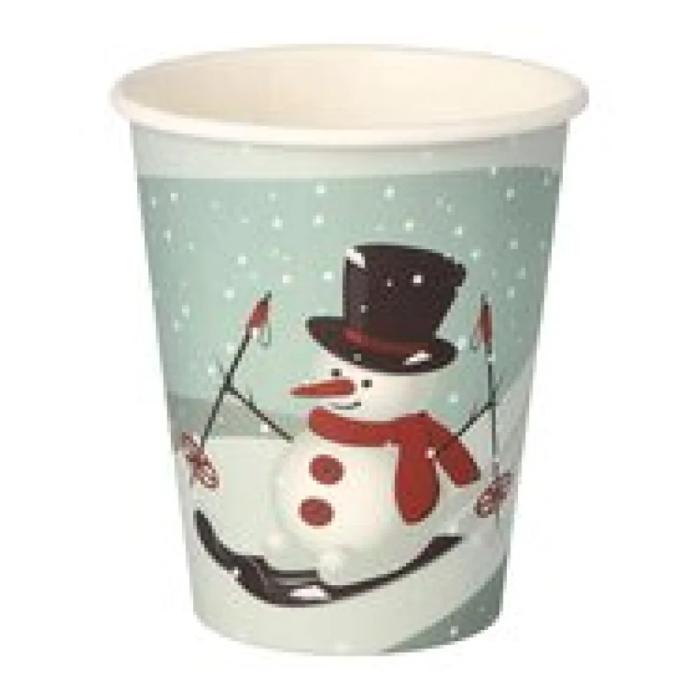 Heißgetränkebecher Pappbecher Wintermotiv "Schneemann auf Ski" 200ml, 50 Stk.