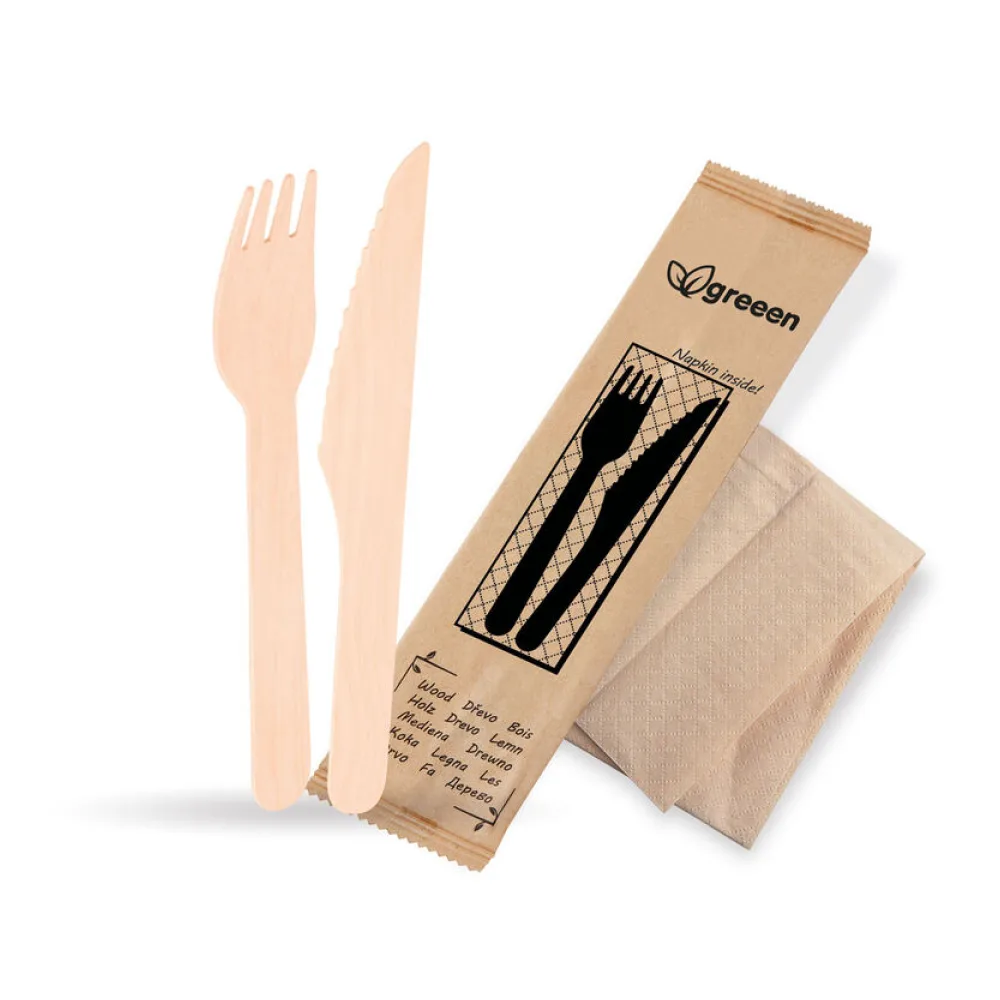 Bestecksets aus Holz biologisch abbaubar 3-teilig Gabel Messer Serviette hygienisch verpackt, 50 Sets – Bild 2