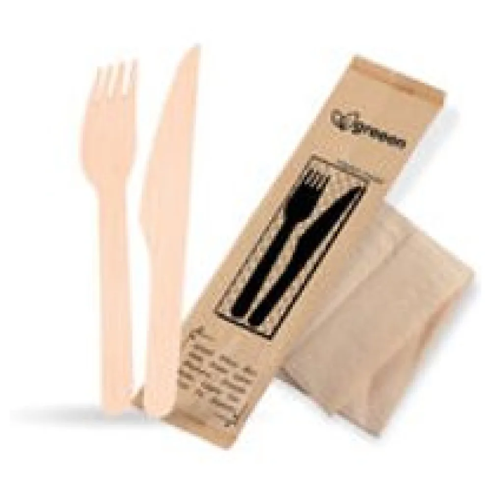 Bestecksets aus Holz biologisch abbaubar 3-teilig Gabel Messer Serviette hygienisch verpackt, 50 Sets – Bild 3