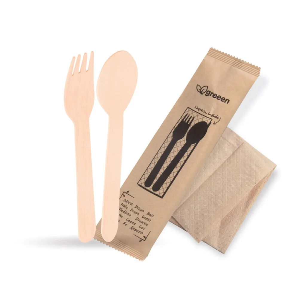 Bestecksets aus Holz biologisch abbaubar 3-teilig Gabel Löffel Serviette hygienisch verpackt, 50 Sets – Bild 2