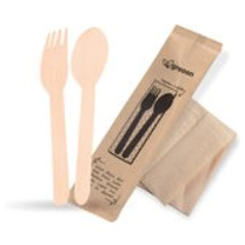 Bestecksets aus Holz biologisch abbaubar 3-teilig Gabel Löffel Serviette hygienisch verpackt, 50 Sets – Bild 3