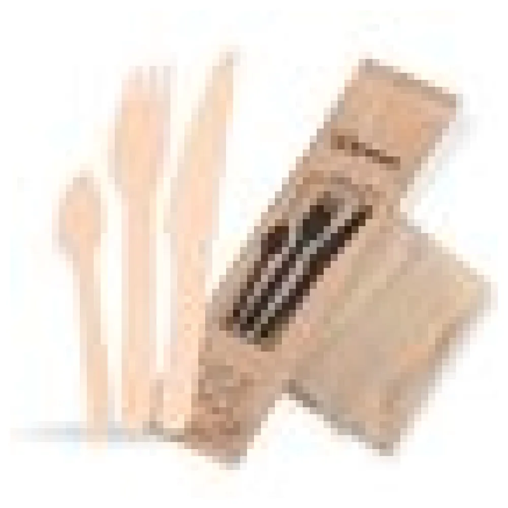 Bestecksets aus Holz biologisch abbaubar 4-teilig Gabel Messer Kaffeelöffel Serviette hygienisch verpackt, 50 Sets – Bild 4