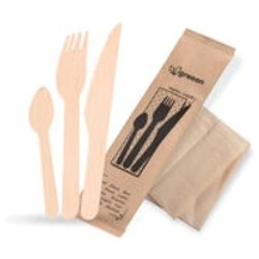 Bestecksets aus Holz biologisch abbaubar 4-teilig Gabel Messer Kaffeelöffel Serviette hygienisch verpackt, 50 Sets – Bild 3