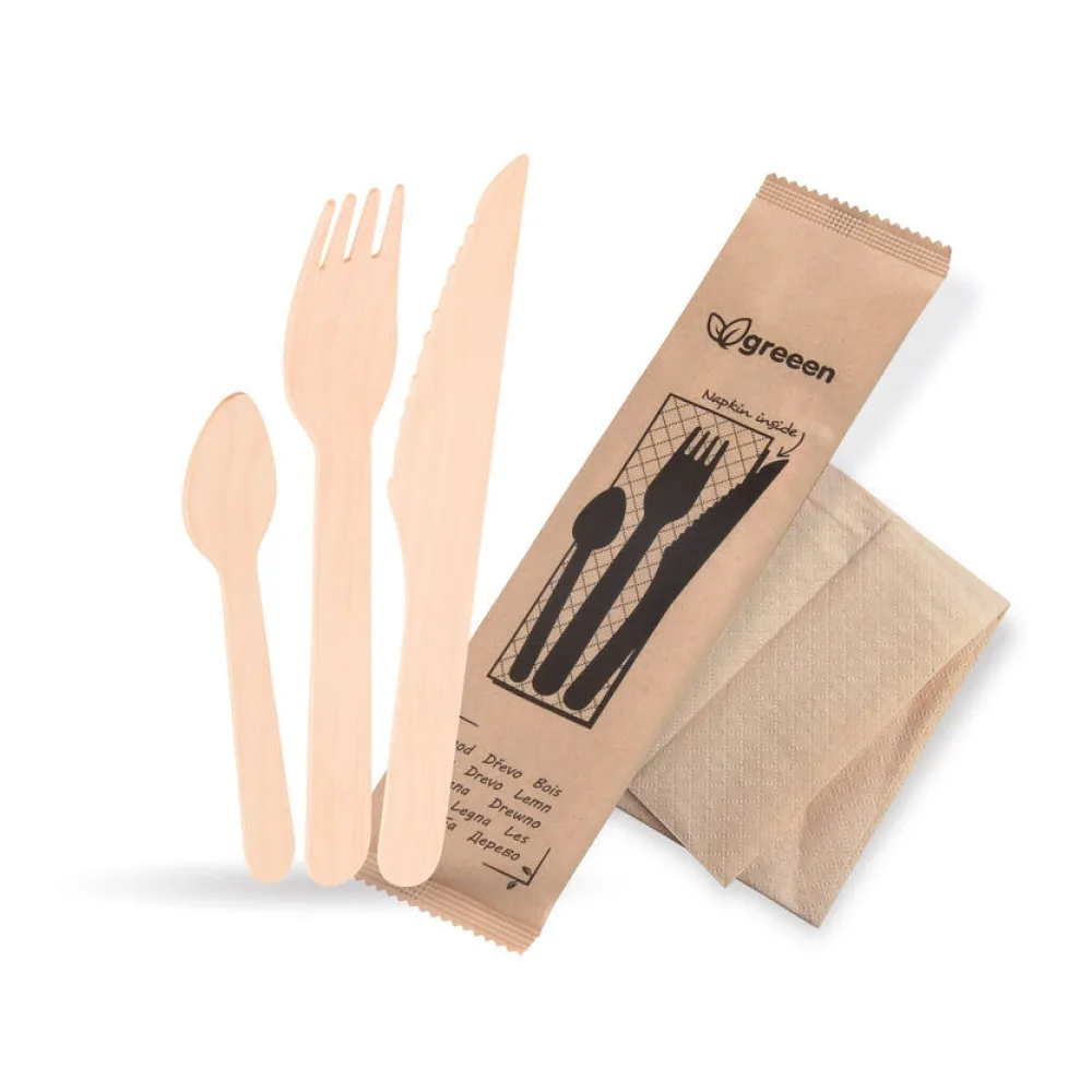 Bestecksets aus Holz biologisch abbaubar 4-teilig Gabel Messer Kaffeelöffel Serviette hygienisch verpackt, 50 Sets – Bild 2
