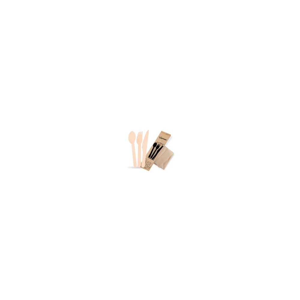 Bestecksets aus Holz biologisch abbaubar 4-teilig Gabel Messer Löffel Serviette hygienisch verpackt, 50 Sets