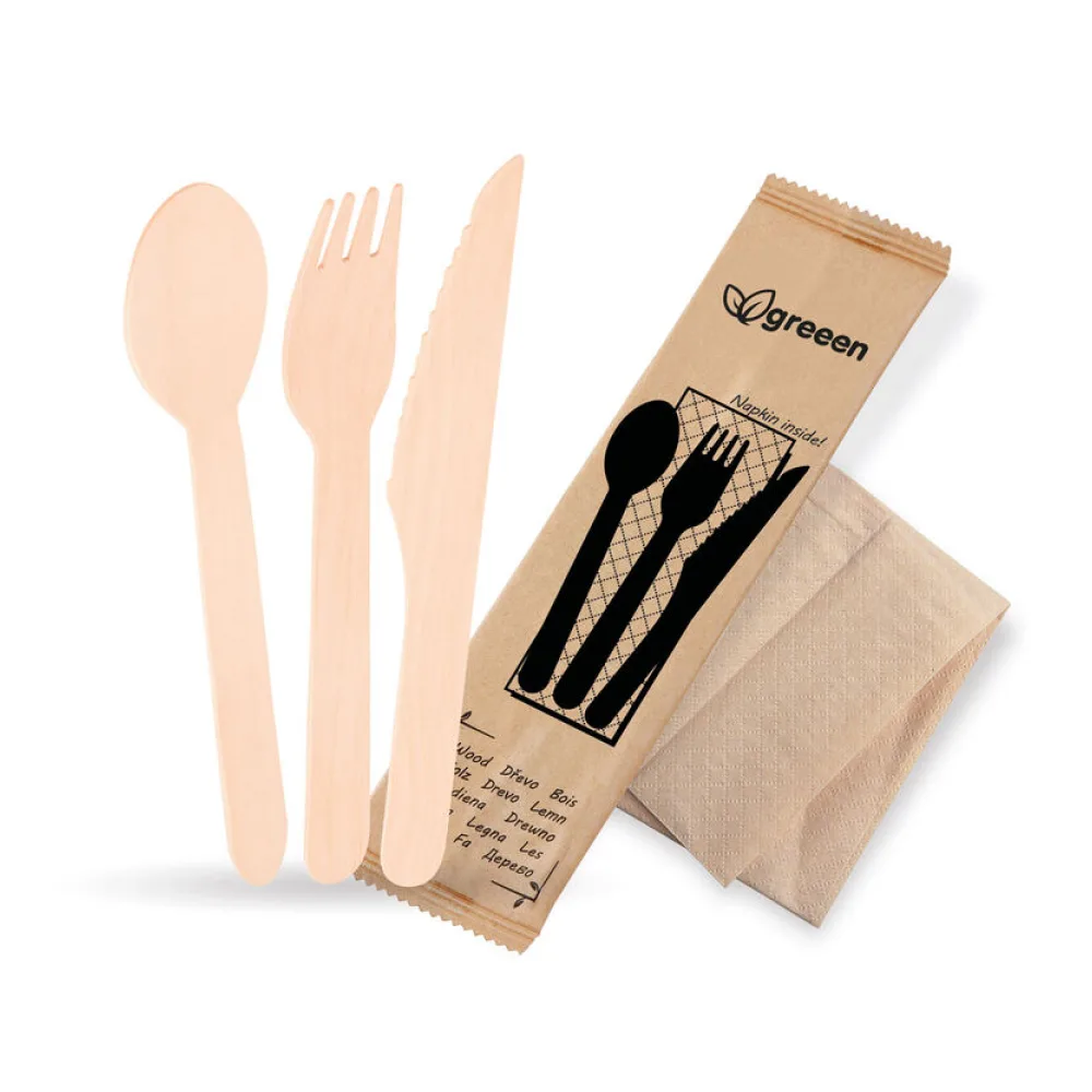 Bestecksets aus Holz biologisch abbaubar 4-teilig Gabel Messer Löffel Serviette hygienisch verpackt, 50 Sets – Bild 2