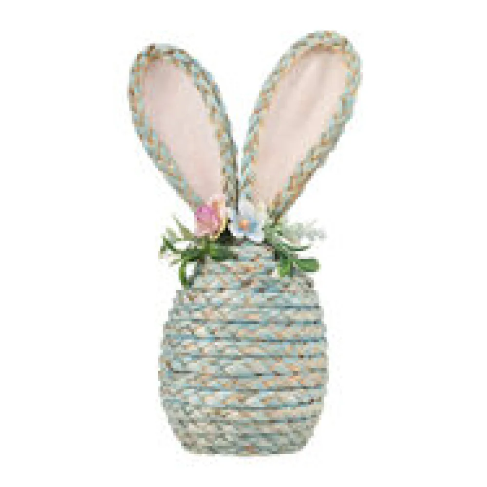 Osterhase aus Maisstroh mit Blumen, Osterdeko 25 cm blau