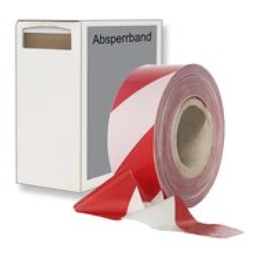 Absperrband rot weiß gestreift 25 my 75 mm breit 500 m 100 % Rezyklat im Spendekarton
