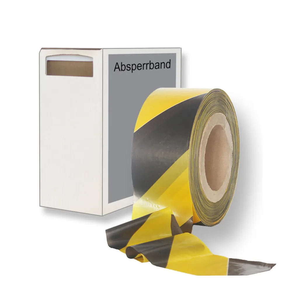 Absperrband gelb schwarz gestreift 35 my 75 mm breit 500 m 100 % Rezyklat im Spendekarton – Bild 2