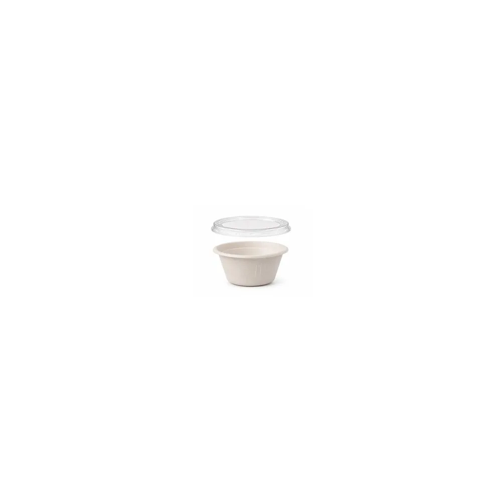 Dressingbecher Dipschale 60ml rund O 62 mm aus Bagasse Zuckerrohr kompostierbar inkl Deckel aus PLA, 50 Stk.