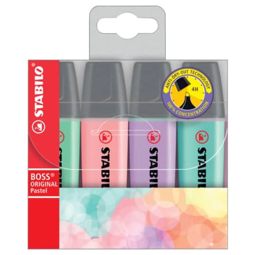 STABILO BOSS® ORIGINAL Textmarker, 4er Pack, pastel, farbig sortiert, 2-5mm Keilspitze