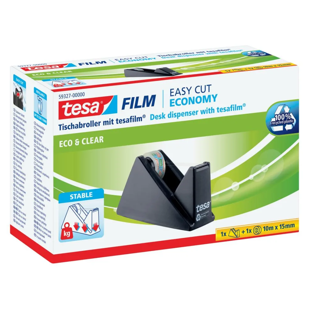 TESA Tischabroller, Easy Cut, ecoLogo®, schwarz, inkl. 1 Rolle tesafilm® Eco &amp; Clear, 10m : 15mm
