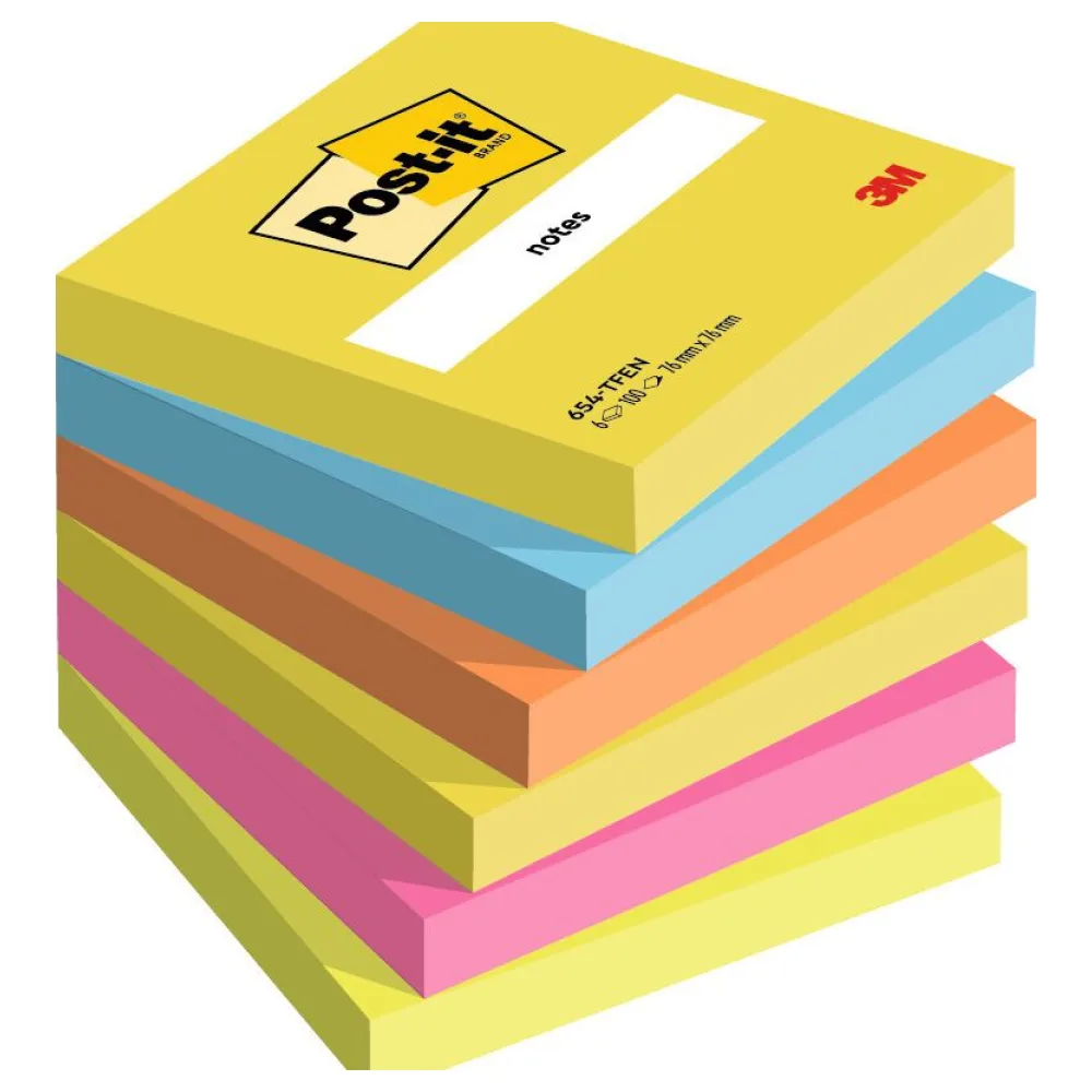 POST-IT Haftnotiz Notes Energetic Collection 76x76 mm, sortiert, 6 x 100 Blatt